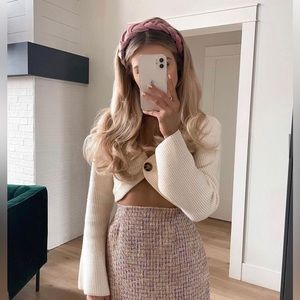 Cream Off-the-Shoulder Cropped Cardigan Sweater